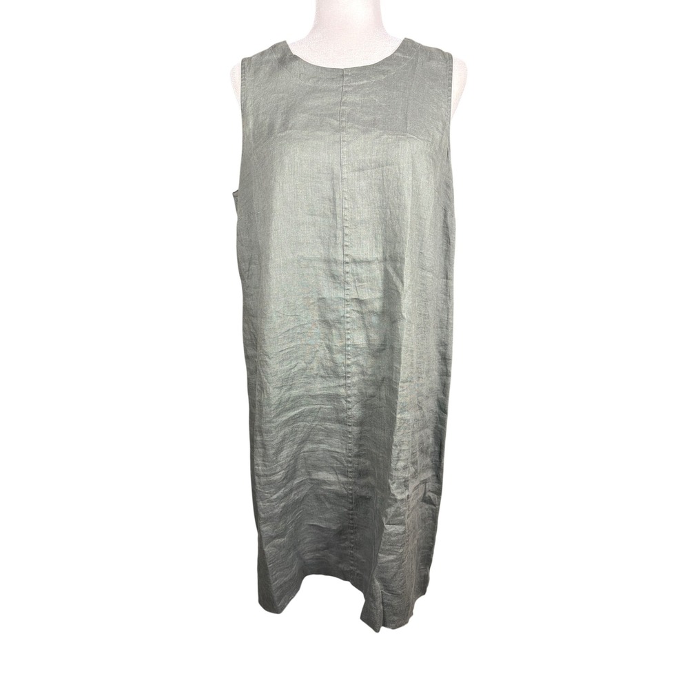 J. Jill Love Linen Sage Green Sleeveless Shift Midi Dress Side Button Detail M